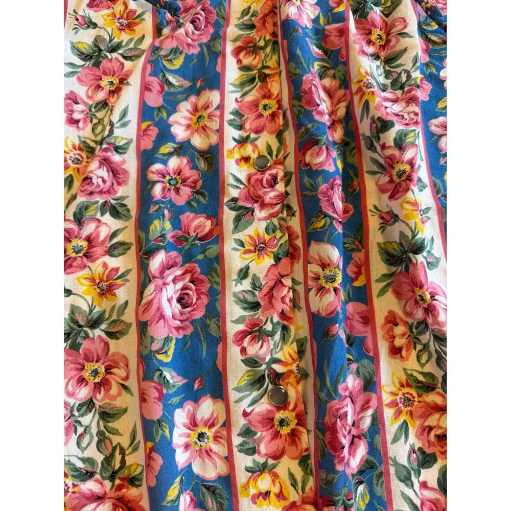 Vintage House Dress Floral Stripe Duster Herbcraft II Blue Pink Snap Front Med